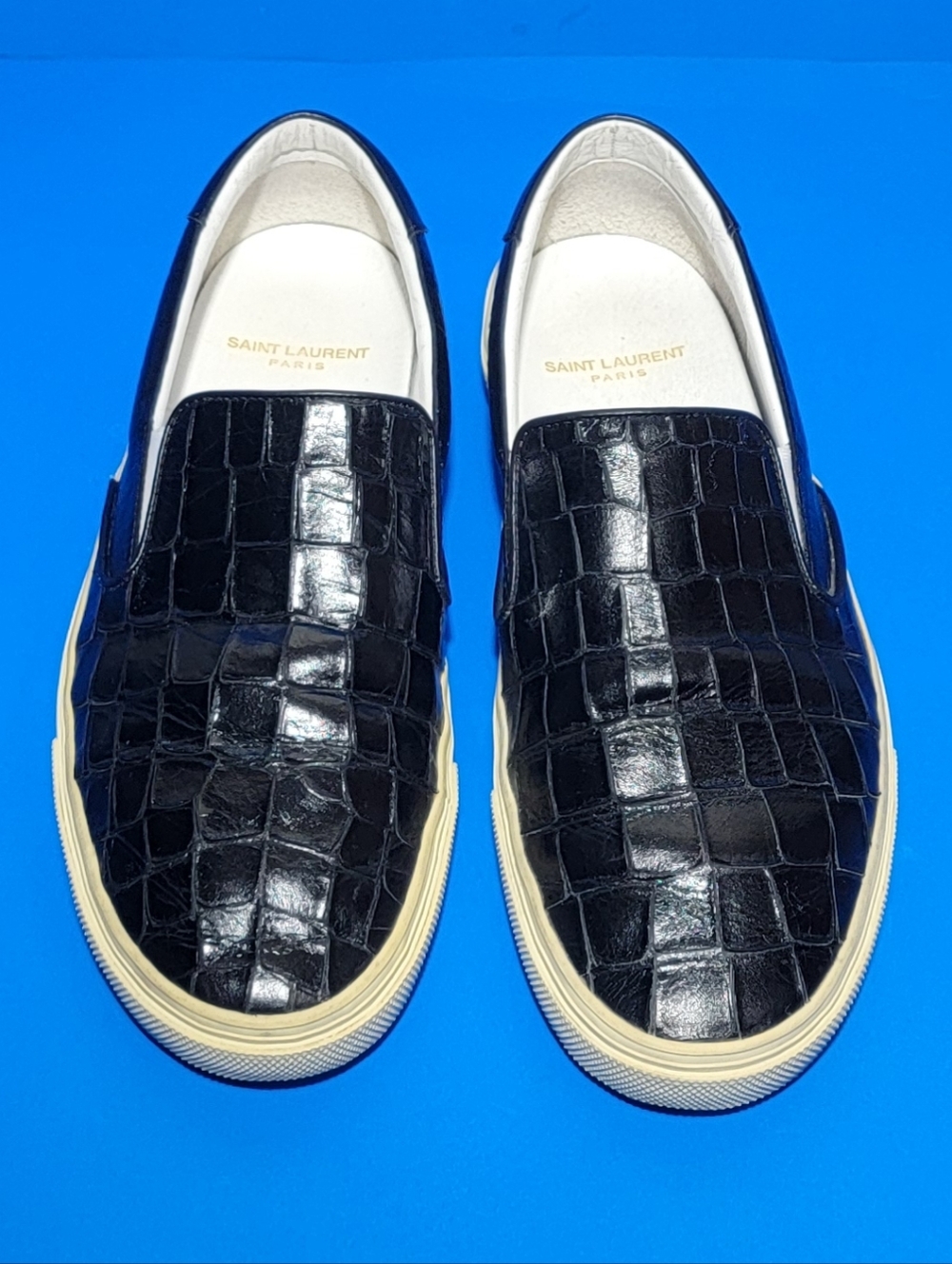 Saint Laurent Paris Women's Black Slip On Croc-embossed Sneakers Size 40.5